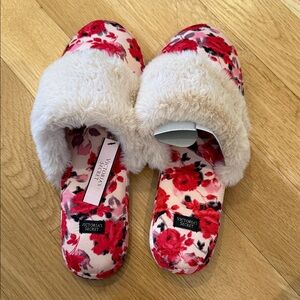Victoria's Secret Red Floral Slippers with Cream Fur